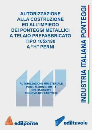 Certificazione Ministeriale Ponteggio ACCA perni 105 passo 1800