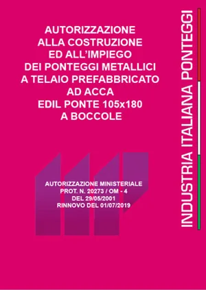 Certificazione ministeriale Ponteggio prefabbricato ACCA Boccole SICURO H 105 – passo 180